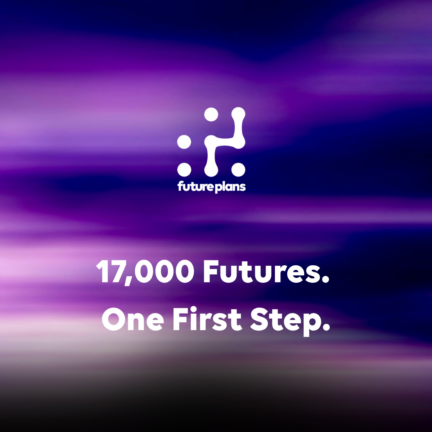Purple sunset with future plans logo. 17,000 Futures. One First Step text.